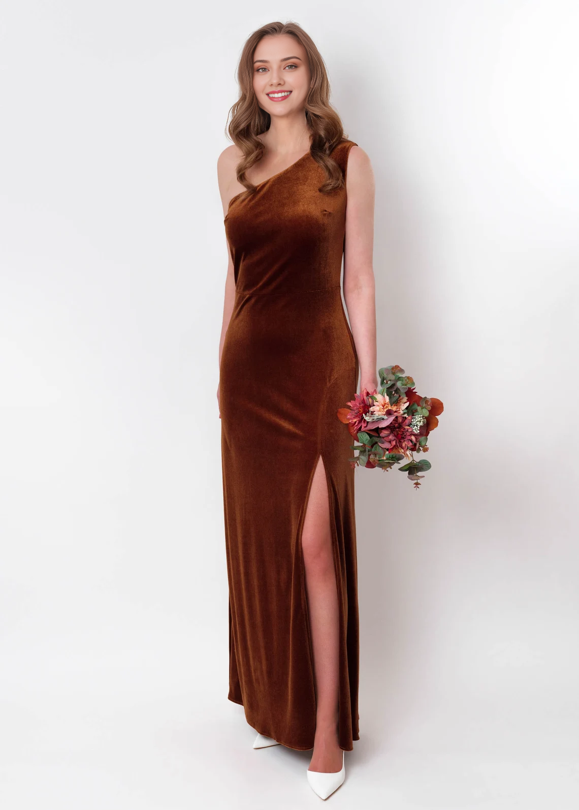 Vestido largo de terciopelo dorado óxido, sin mangas, con un hombro al descubierto, con aberturas, para dama de honor, para invitada de boda y de noche.